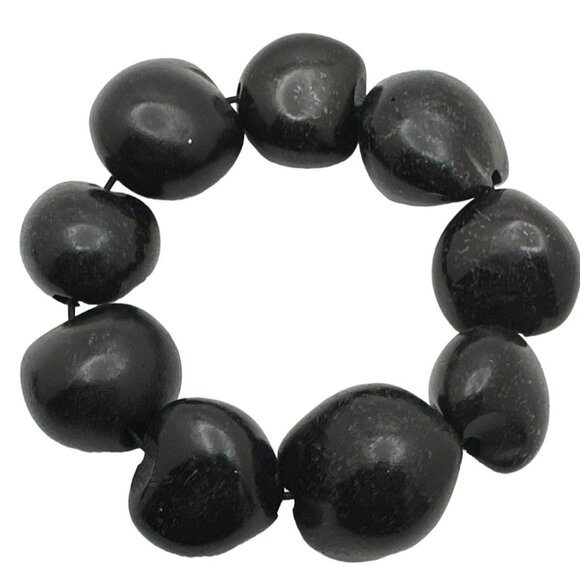 2 Island Boho Chic Bracelets Stretch Beaded Black Brown Kukui Nut Wood Glass - Picture 2 of 6